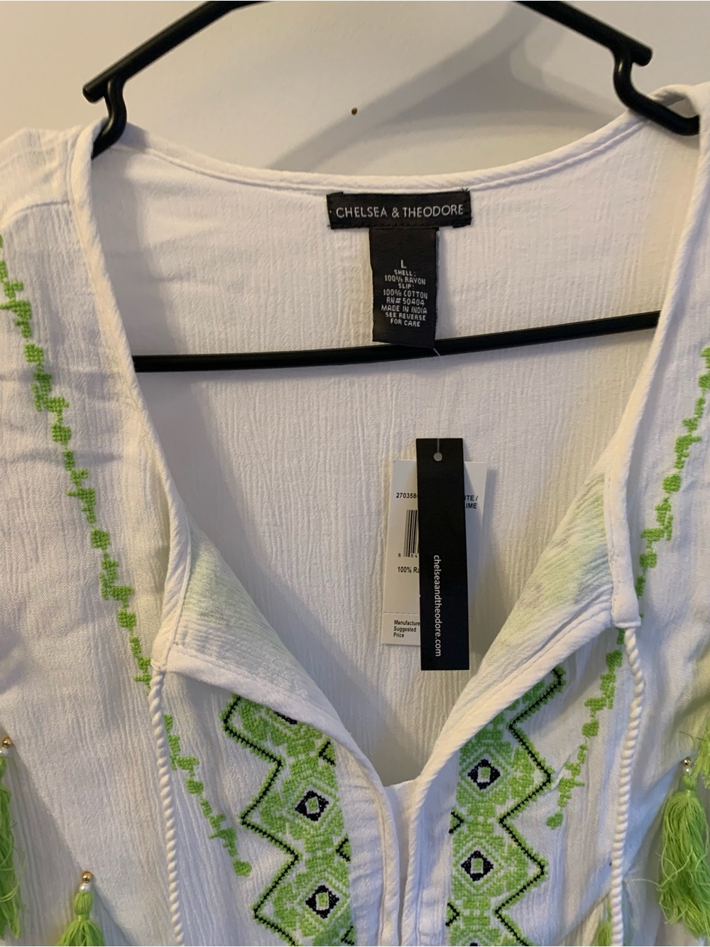 NWT Chelsea & Theodore White Lime Embroidered Tassel Boho Dress Large - Picture 5 of 6